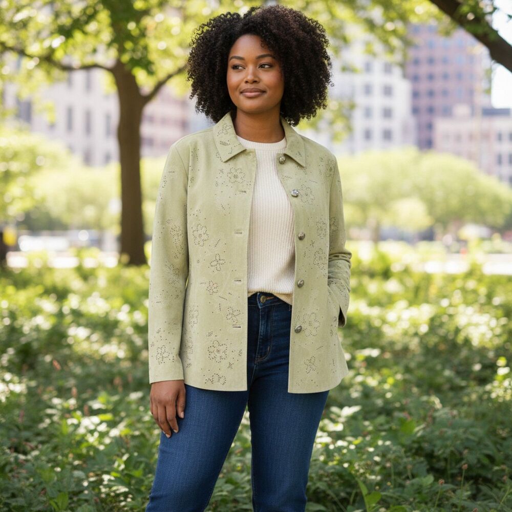 Chico's Green Suede Leather Blazer Jacket Size Large Career Casual Chic
